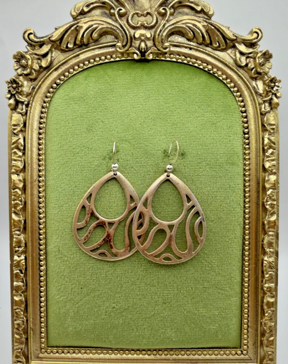 Vintage Style Openwork Teardrop Dangle Earrings Patina 2" Drop